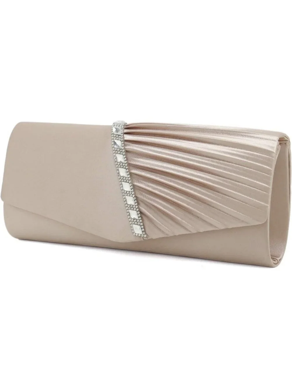 Women's Champagne Crystal Embellished Pleated Satin Clutch Purse For Evening Bag